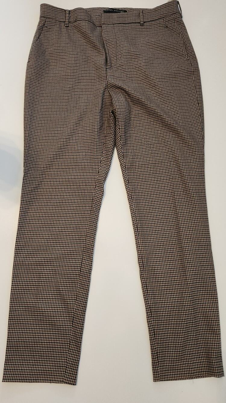 Zara Woman Brown Houndstooth Plaid Dress Pants Flat Front Slim Sz 12 #497